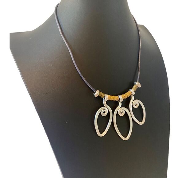 “Spoon” Necklace with beads on black leather cord. Cool & Unique - Picture 3 of 4